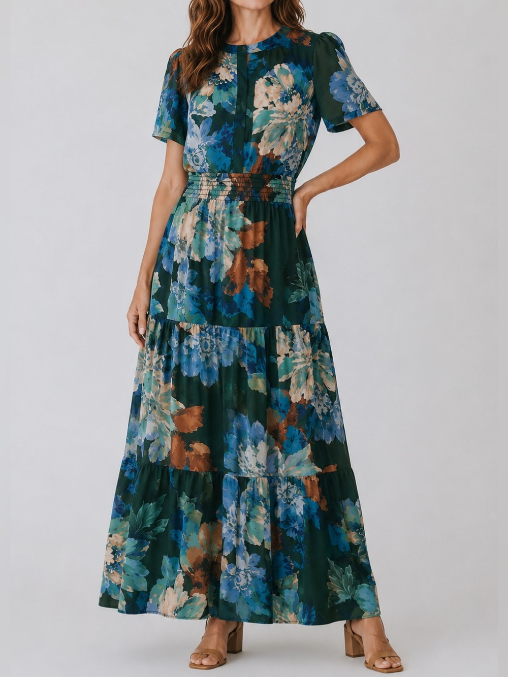 Nicole Miller New York NWT Floral Maxi Dress Large Smocked Waist Tiered
